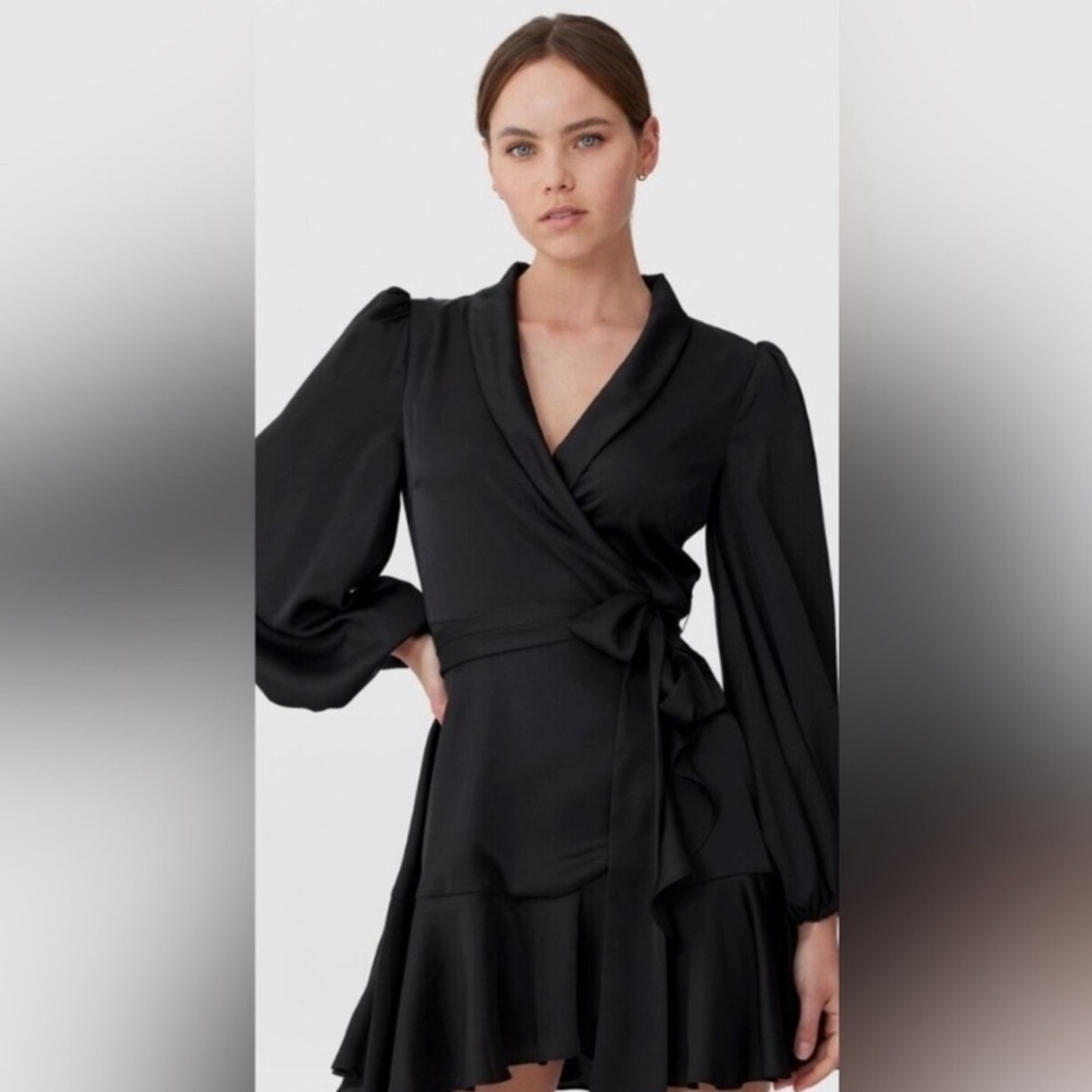 Keepsake Kennedy Black Wrap Mini Dress Balloon Sleeve Ruffle Hem Size S